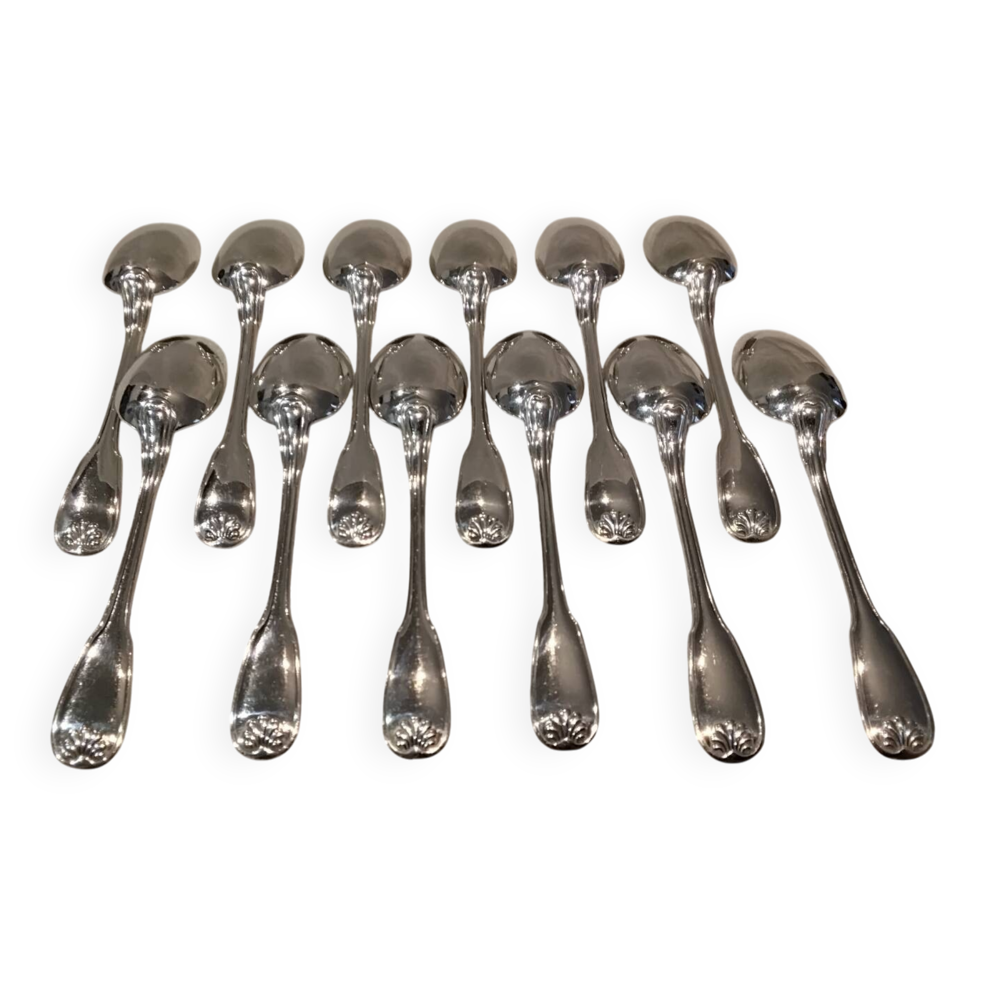 12 silver plated dessert spoons, goldsmith Ravinet Denfert shell