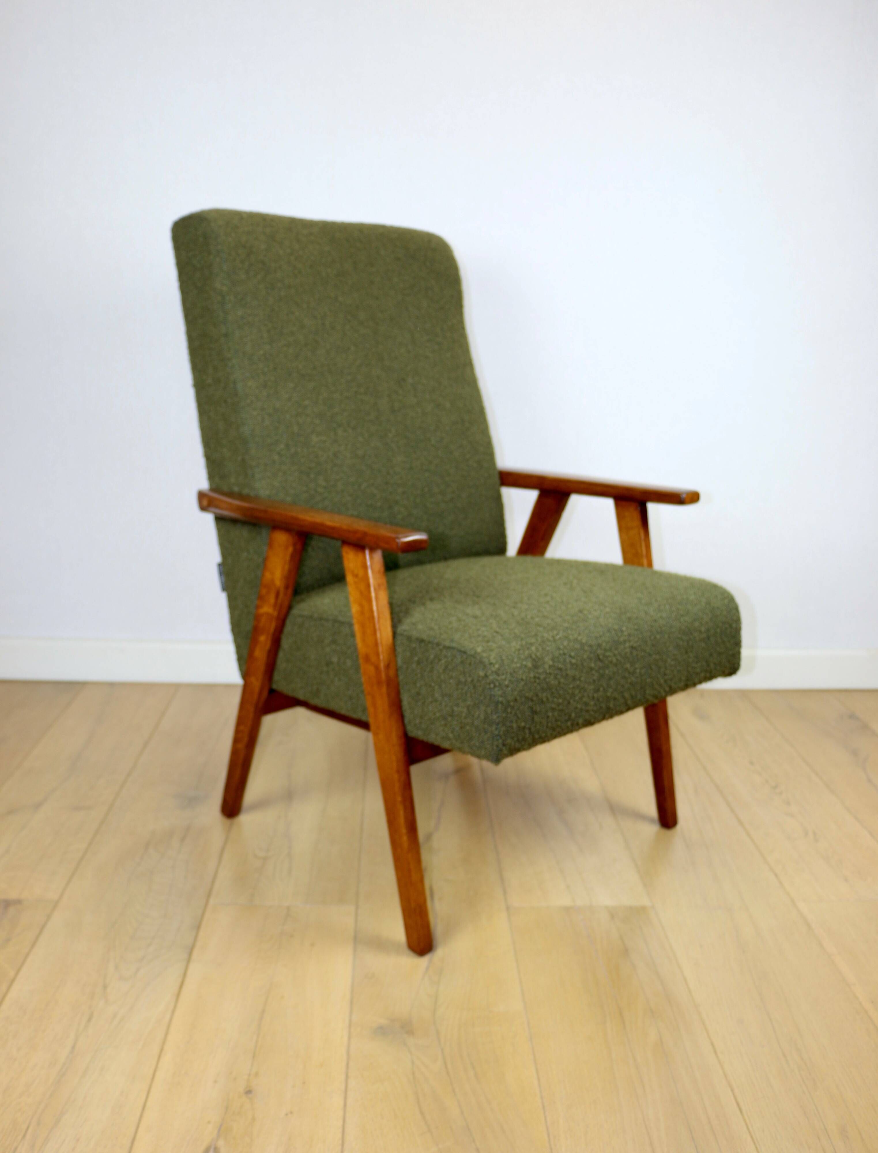 Fauteuil design vintage loft vert olive bouclé haut