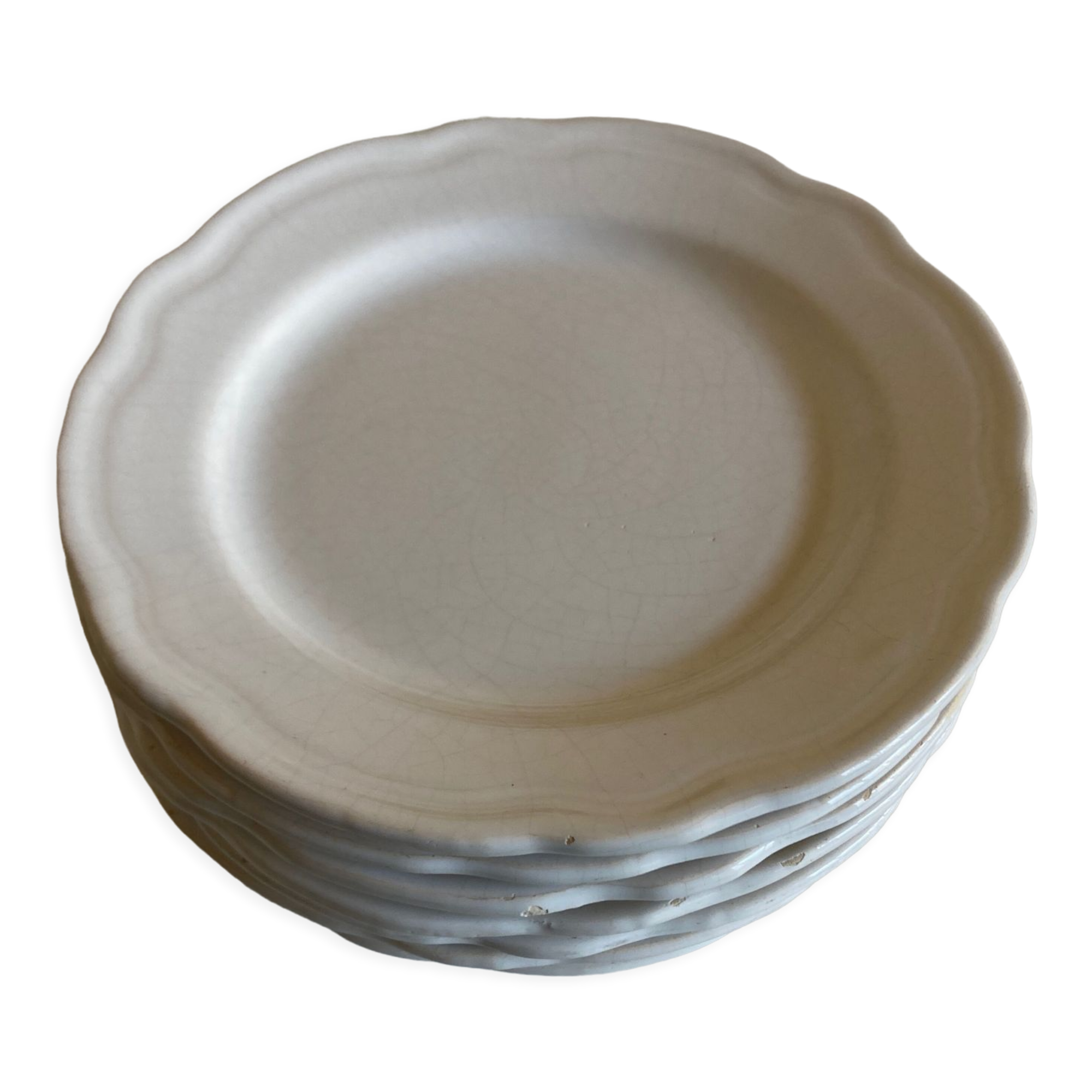 Set of 7 Mougins plates in white enamelled clay with gadroons