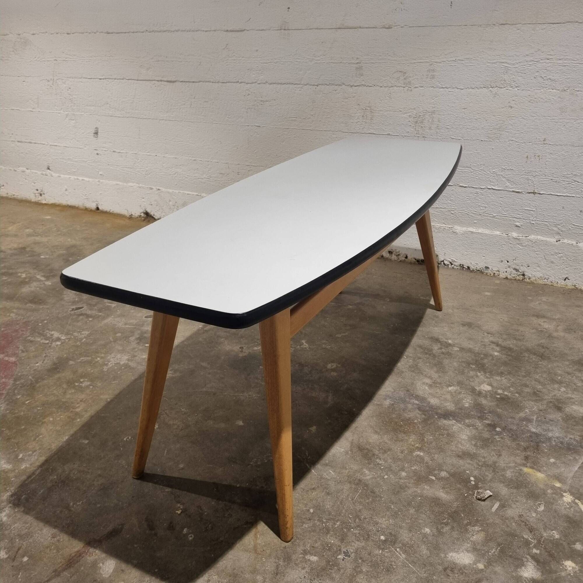 Vintage surfboard coffee table in birch and formica, 1950s