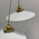 Pair of vintage pendant lights in white opaline and transparent serrated edges