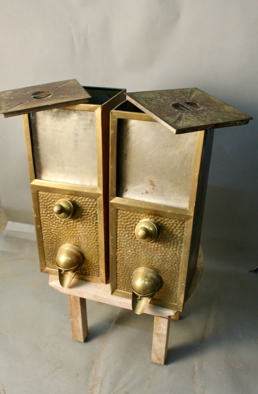 Pair of old coffee silos, coffee bean dispenser