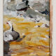 Oil on double-sided panel with geese, signed Robert, dated 1930.