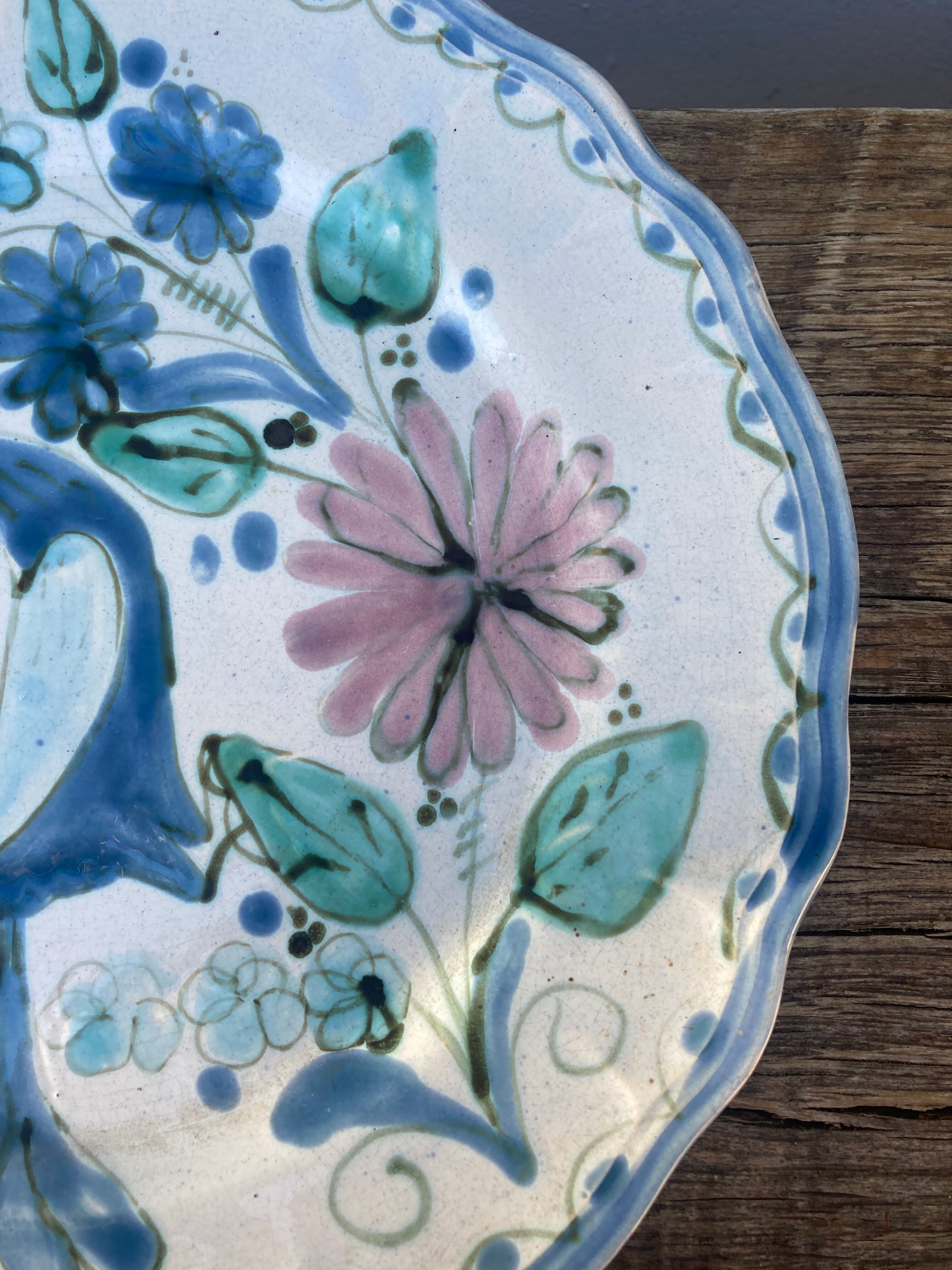 Decorative plate decorated with bird and flowers blue and pink vintage
