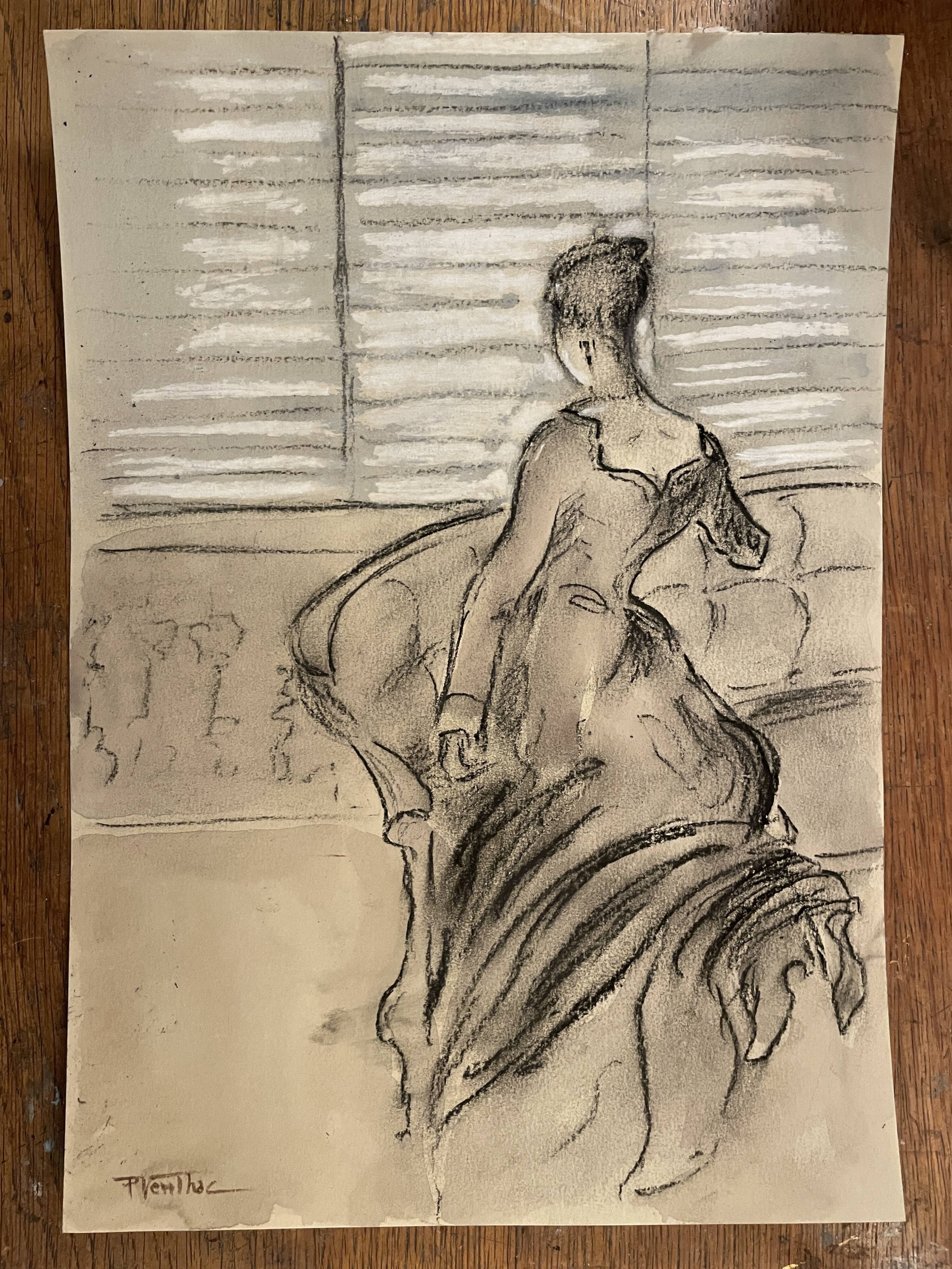 Painting signed charcoal watercolor female portrait Empire “sofa”