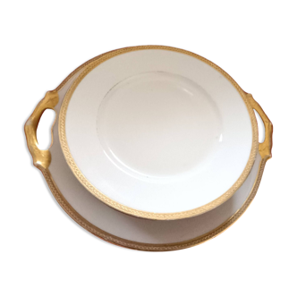 Pie dish + 5 dessert plates.. Limoges. White matt gold rim.