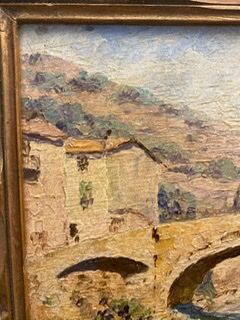 Ancient painting, landscape, escarene bridge, signed Joseph Vernay (1864-1950)