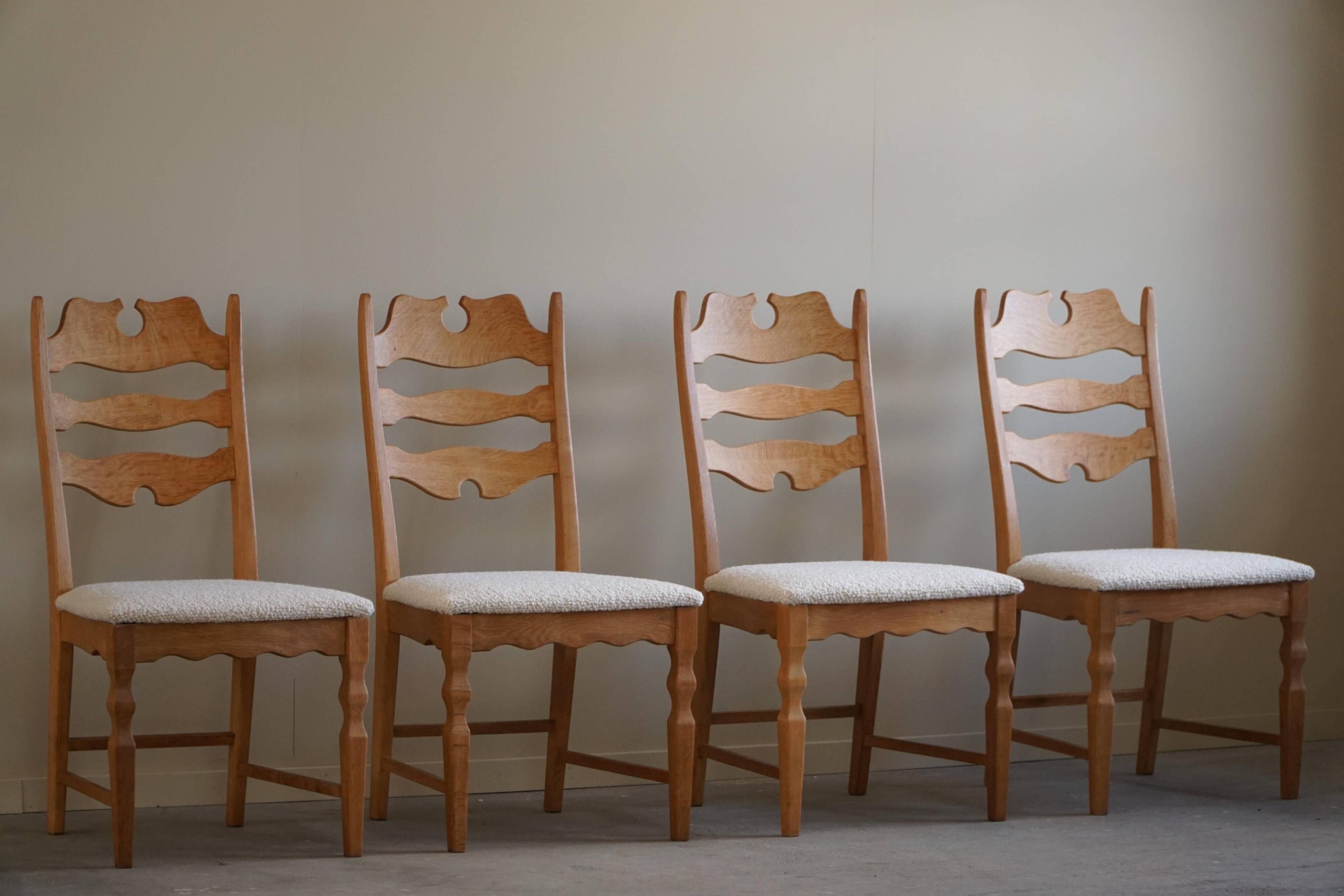 Set of 4 "Razorblade" high back chairs in oak & boucle, Henning Kjærnulf, 1960s