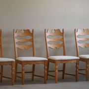Set of 4 "Razorblade" high back chairs in oak & boucle, Henning Kjærnulf, 1960s