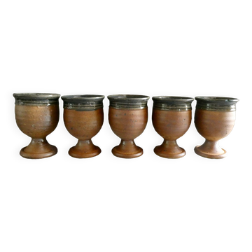 5 tasses en grès émaillé bleu/vert années 70