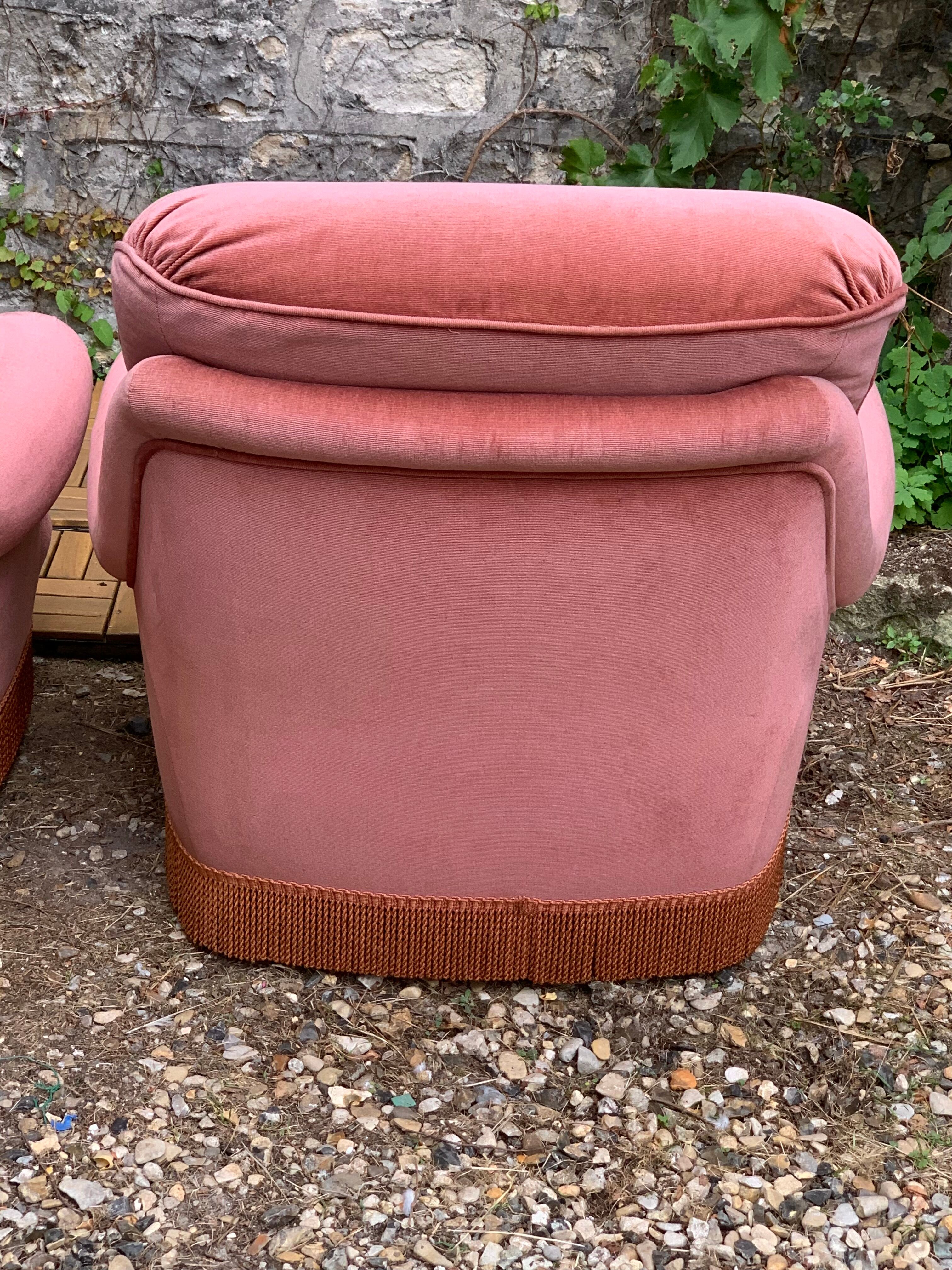 Pair of pink velvet toad armchairs, 1970s