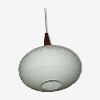 Teak and opaline suspension by Louis Kalff for Philips 60 years