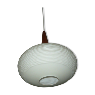Teak and opaline suspension by Louis Kalff for Philips 60 years