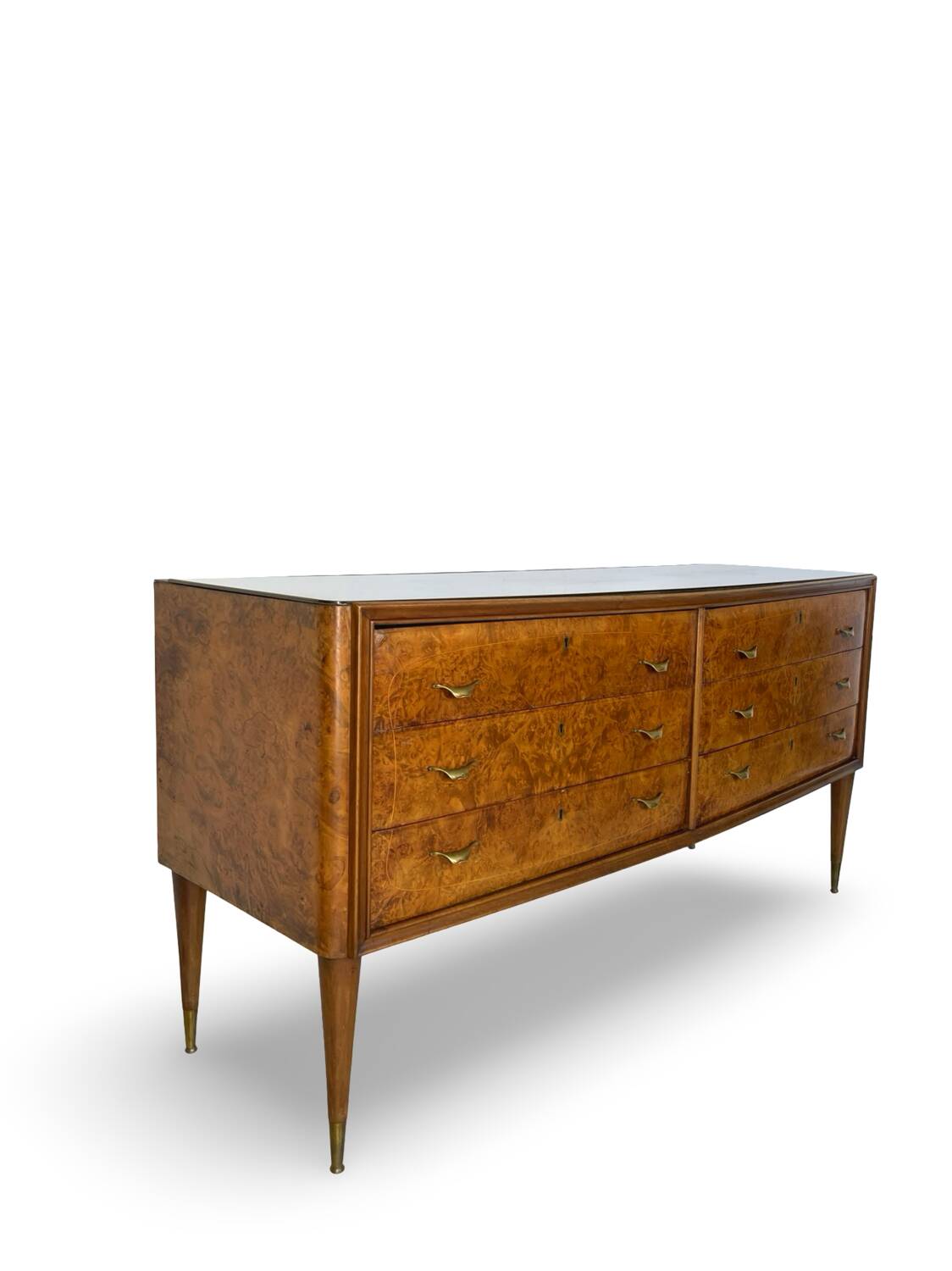 Veneered burl walnut chest of drawers with light warm brown glass top