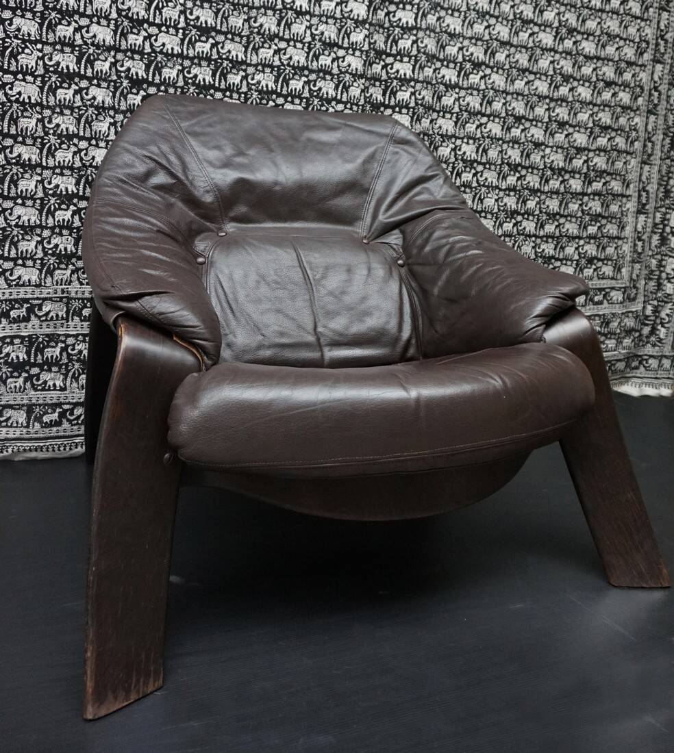 Brutalist brown Leather low Lounge Chair, Norway 1970s