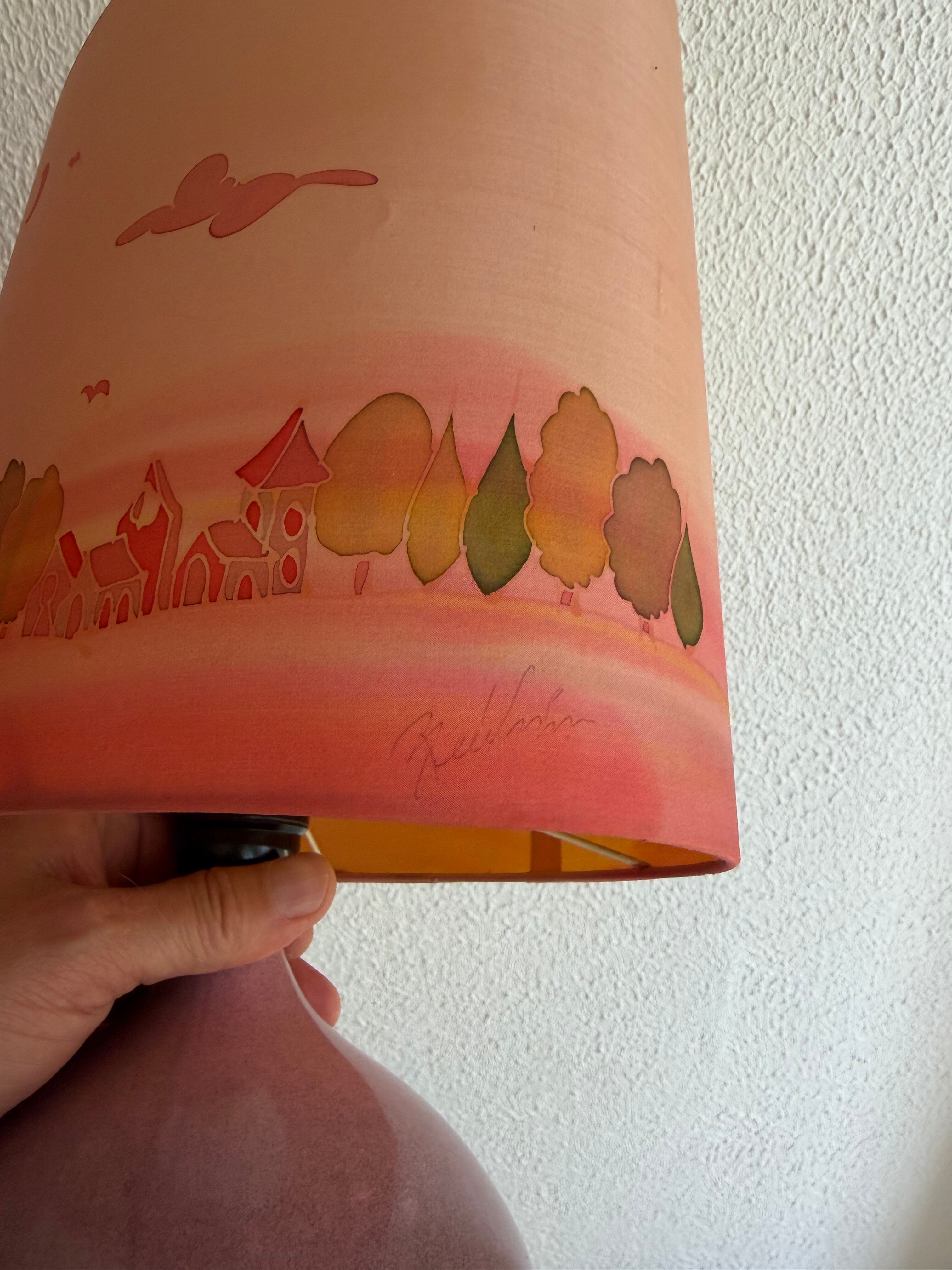 Vintage Rose lamp, ceramic, painted silk, 80s 70s bohemian