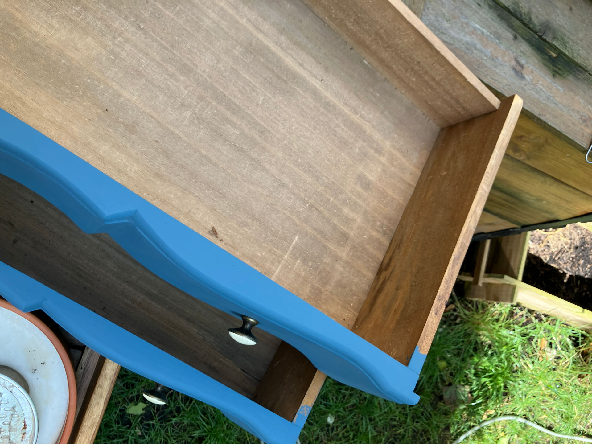 Restored antique drop-leaf secretary – natural wood & midnight blue