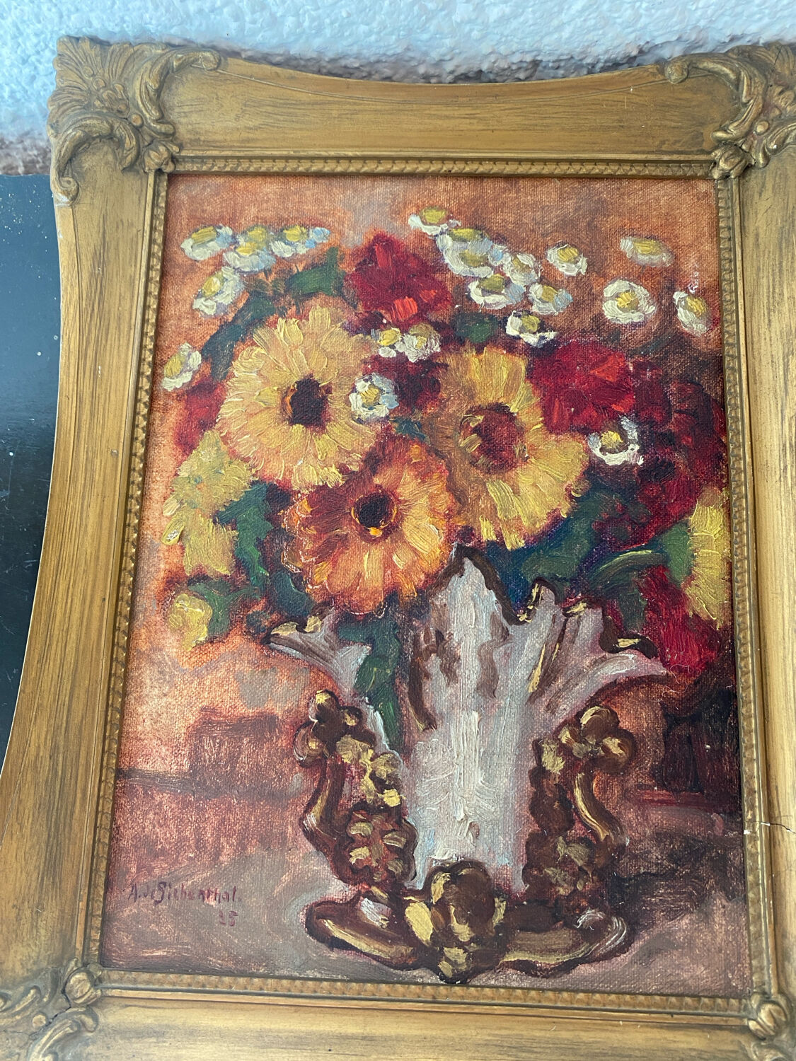 Huile sur panneau ancienne encadrée bouquet de fleurs