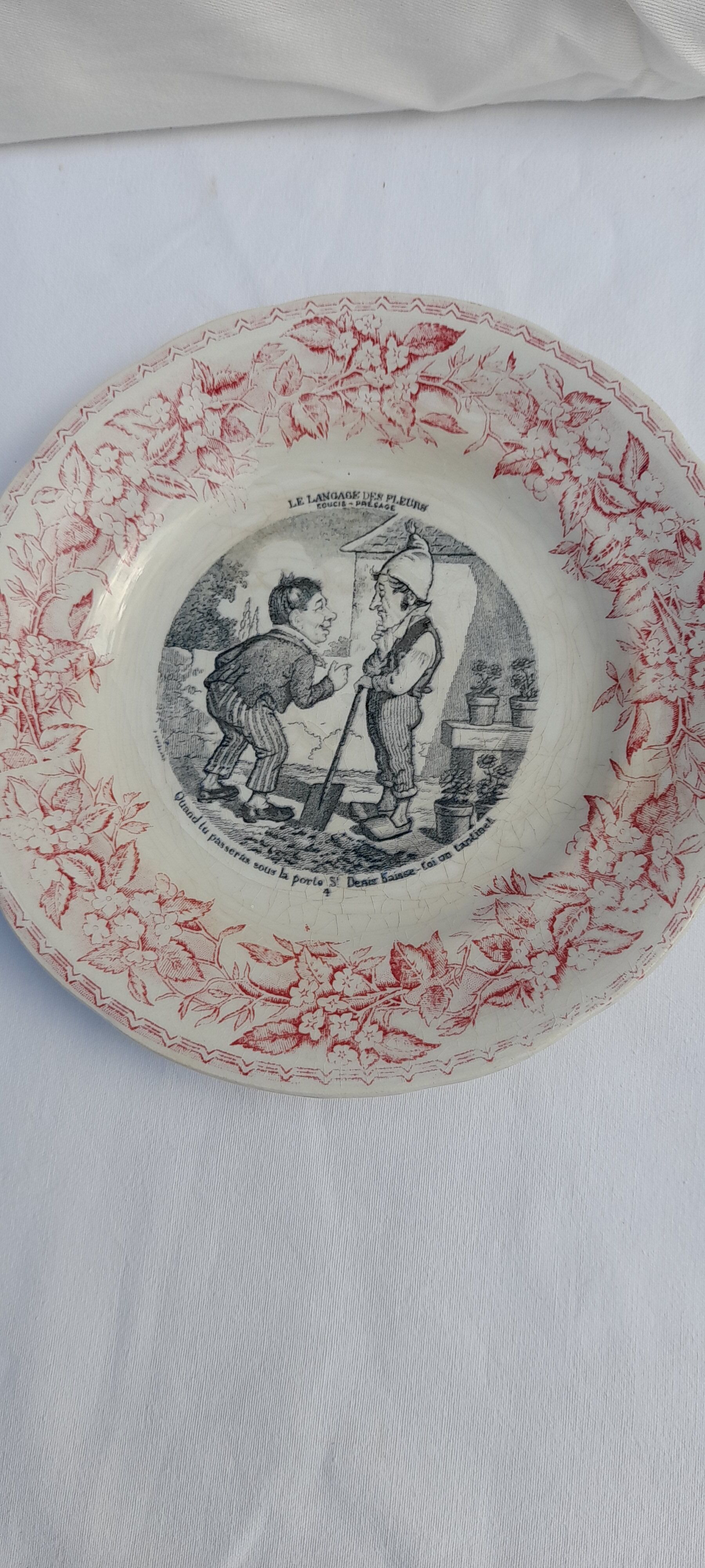 3 talking dessert plates earthenware from Gien the language of flowers n°', 5 and 6 diam 20 cm