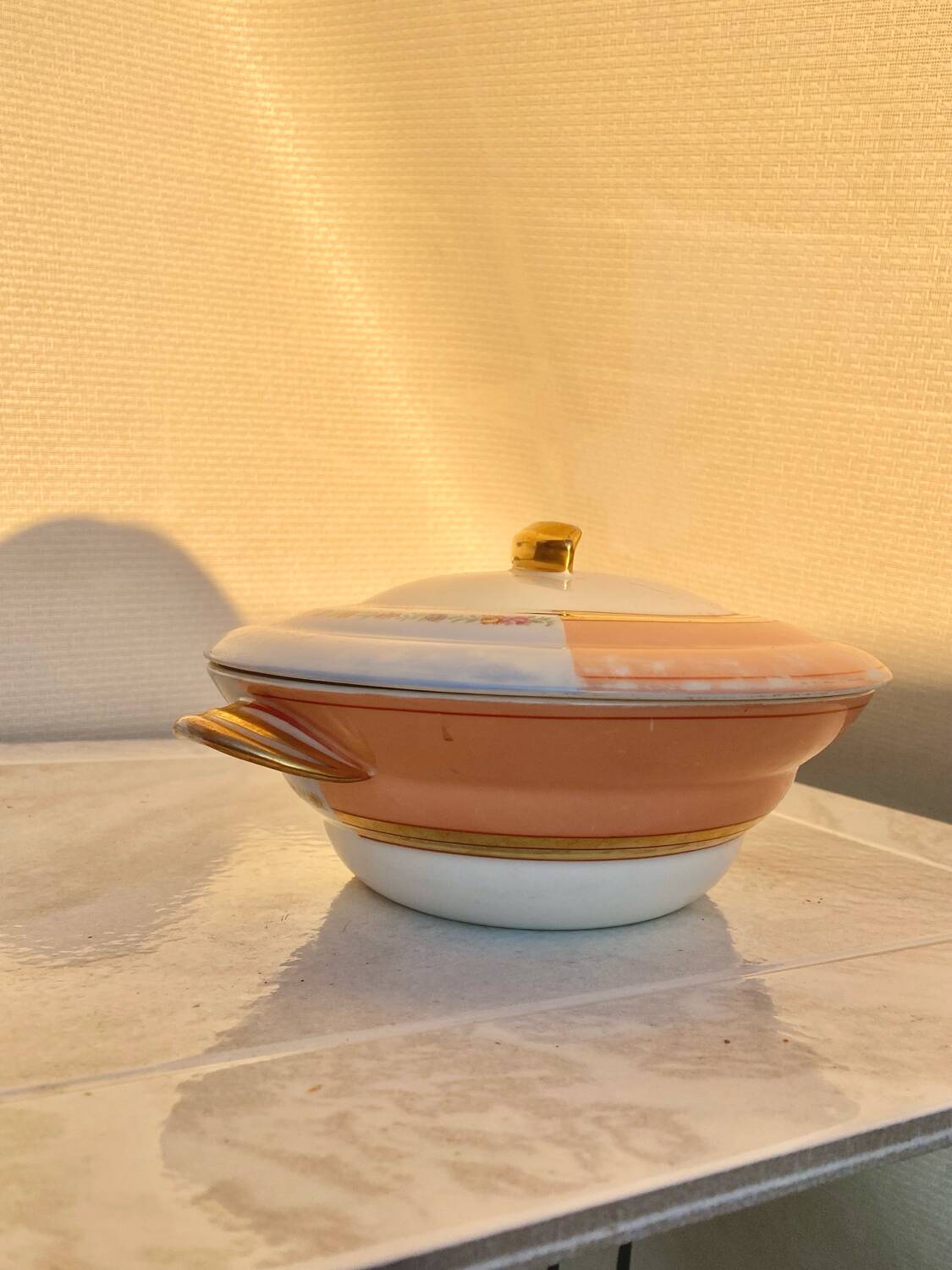 Antique Limoges porcelain soup tureen with two decorations.