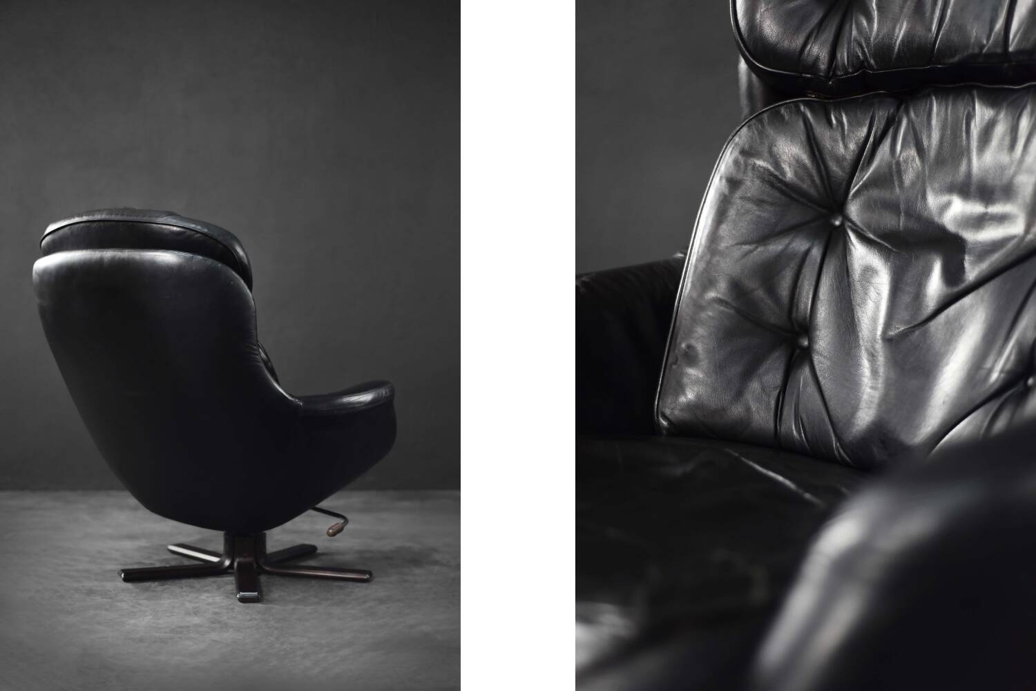 Vintage black leather swivel chair in mid-century modern Scandinavian style.