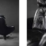 Vintage black leather swivel chair in mid-century modern Scandinavian style.