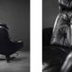 Vintage black leather swivel chair in mid-century modern Scandinavian style.