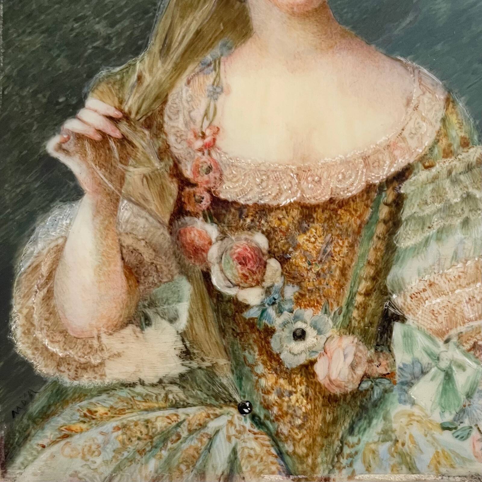 19th-century miniature depicting an 18th-century woman, bronze frame