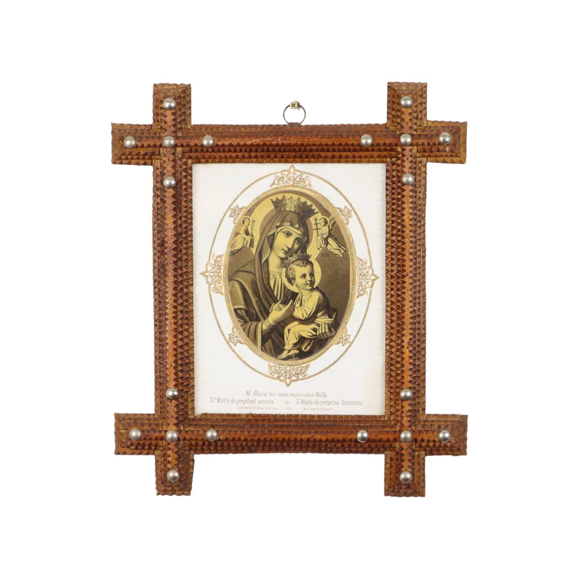 Antique tramp art frame frame wood metal studs late 19th century france