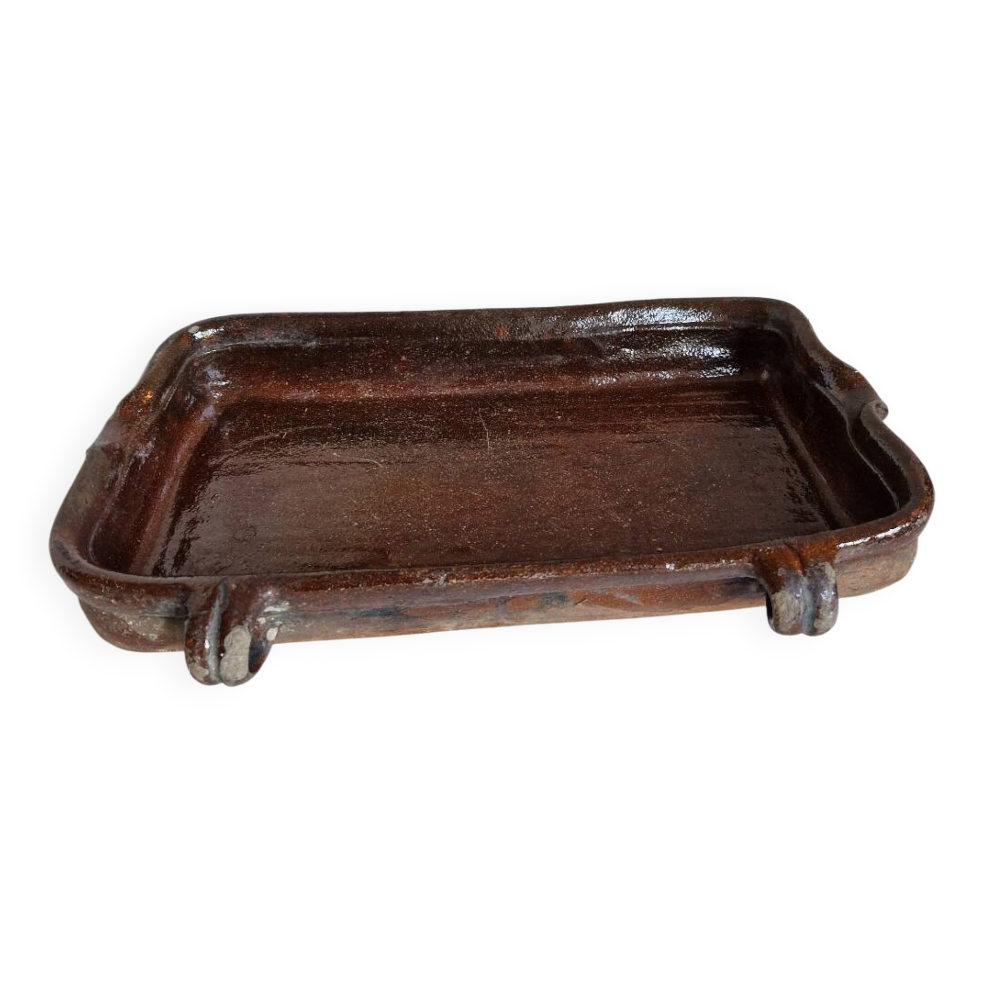 Ancien Plat À Jus Lechefrite 19e Terre Cuite Vernissée Art Populaire