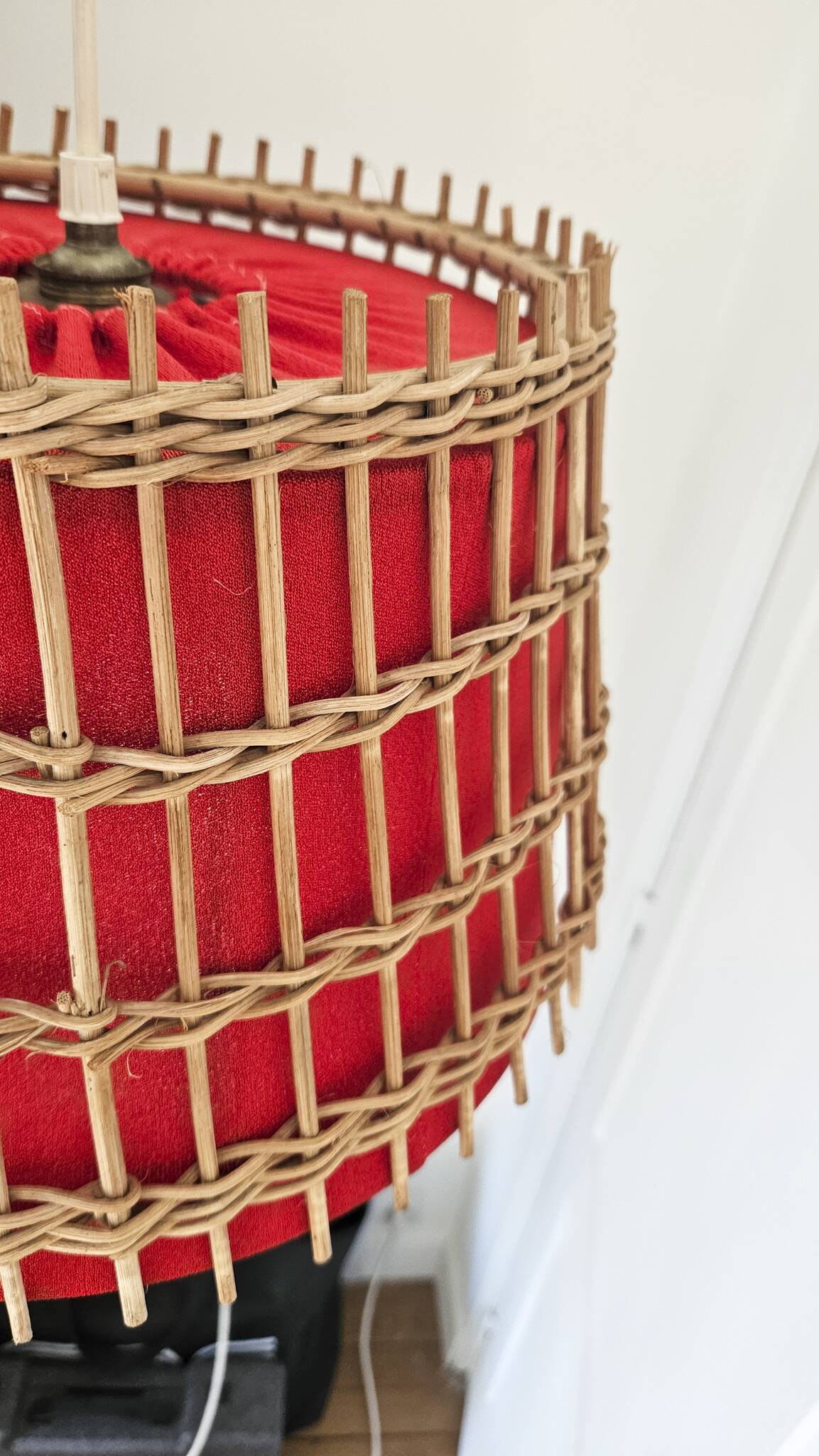 Vintage rattan pendant light - red fabric interior shade from the 60s