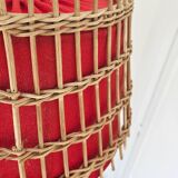 Vintage rattan pendant light - red fabric interior shade from the 60s