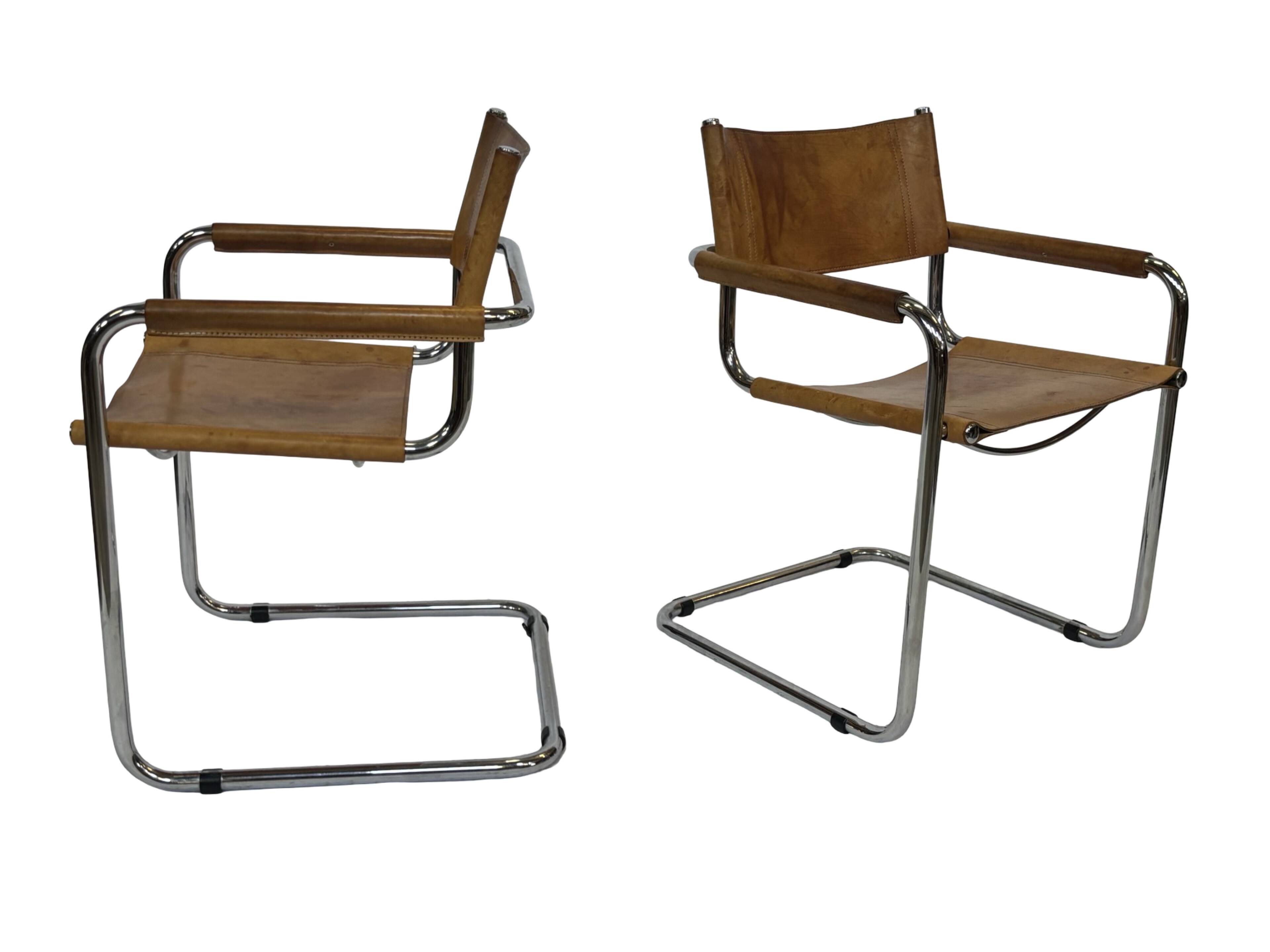 Ensemble de quatre fauteuils de salle à manger FASEM S34 en cuir Cognac par Mart Stam années 80