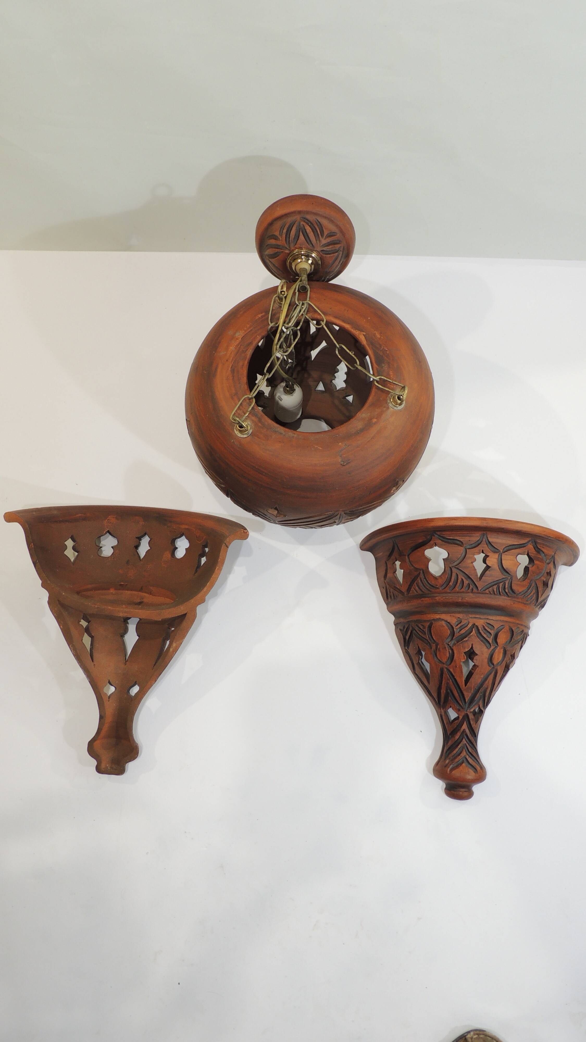 Suspension and pair of terracotta/vintage wall lights