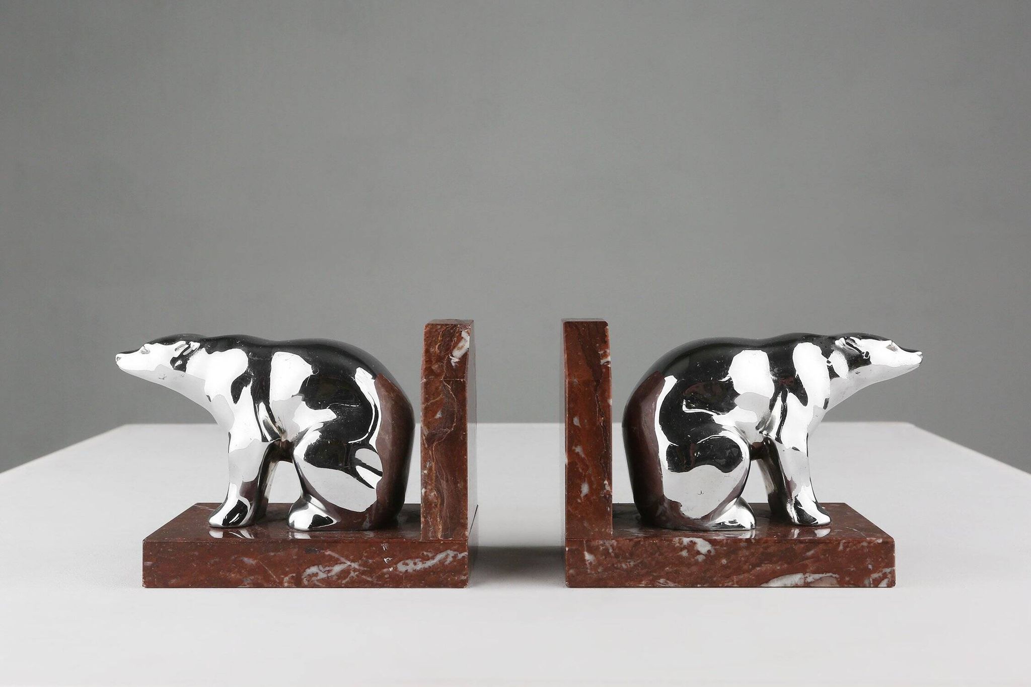 Art Deco Marble and Metal Bear Bookends, France 1930s