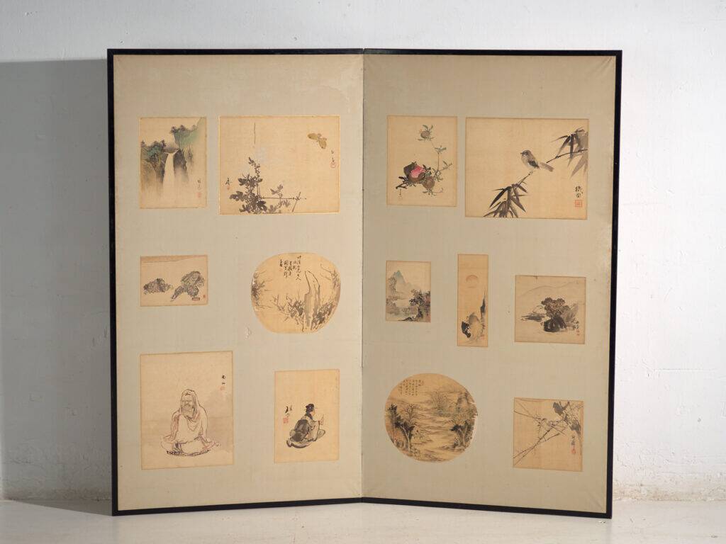 Antique Japanese folding screen with two panels featuring paintings – Japan, circa 1900