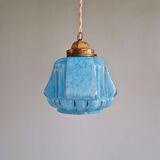 Suspension art déco en verre moucheté bleu, années 1920-30