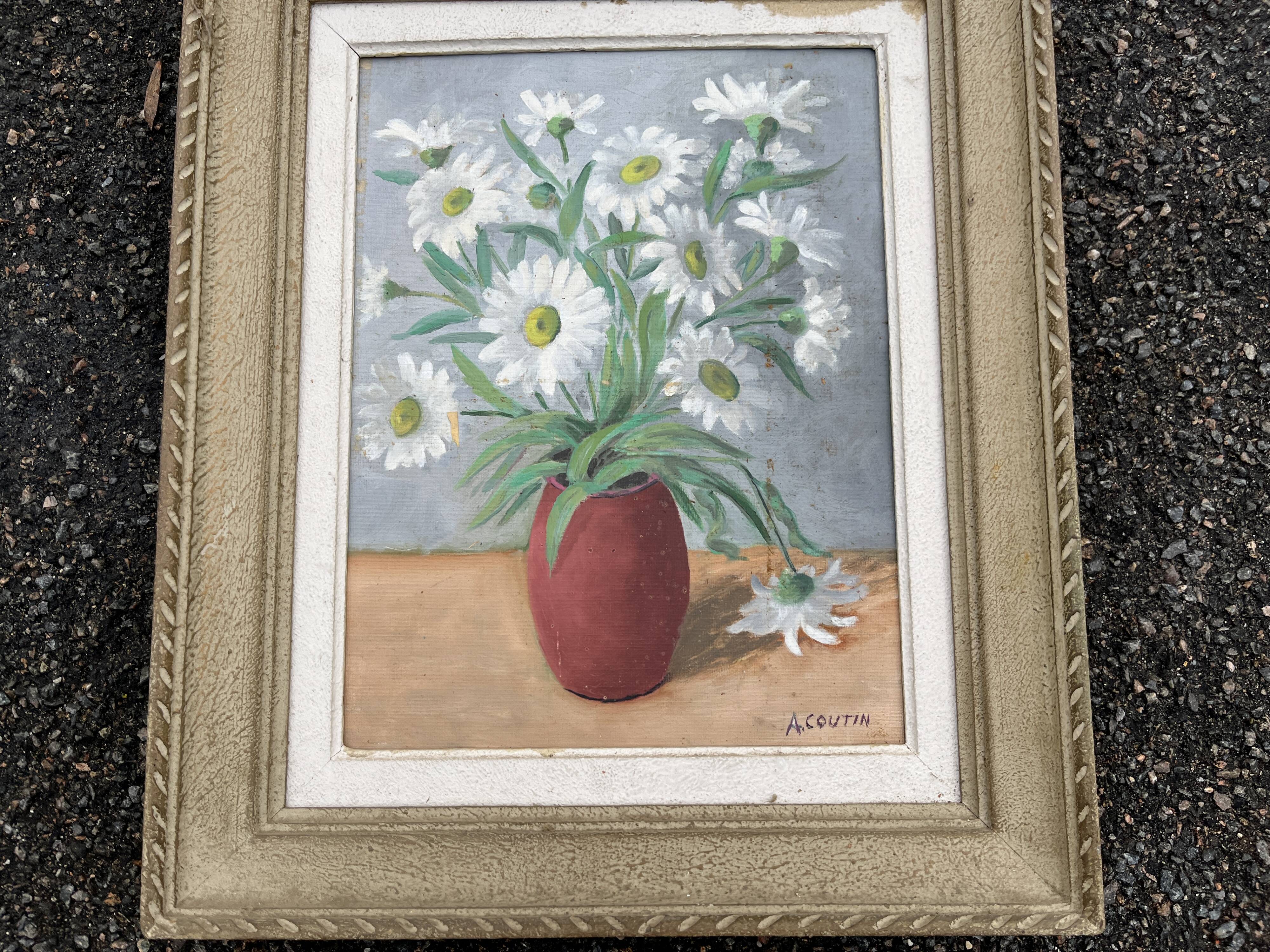 Antique painting signed A. Coutin – Still life with a vase of daisies, painted