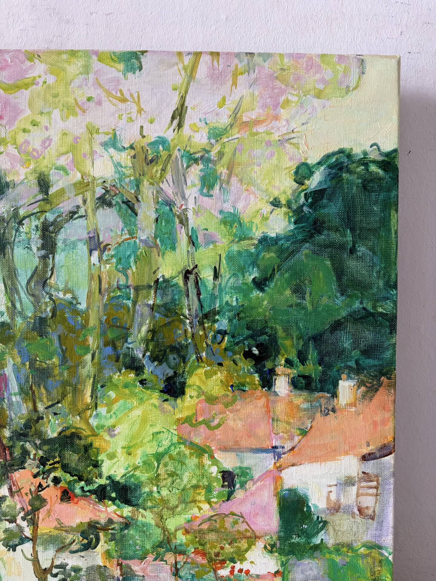 Village with pink roofs, oil on canvas signed Claude Jousset.