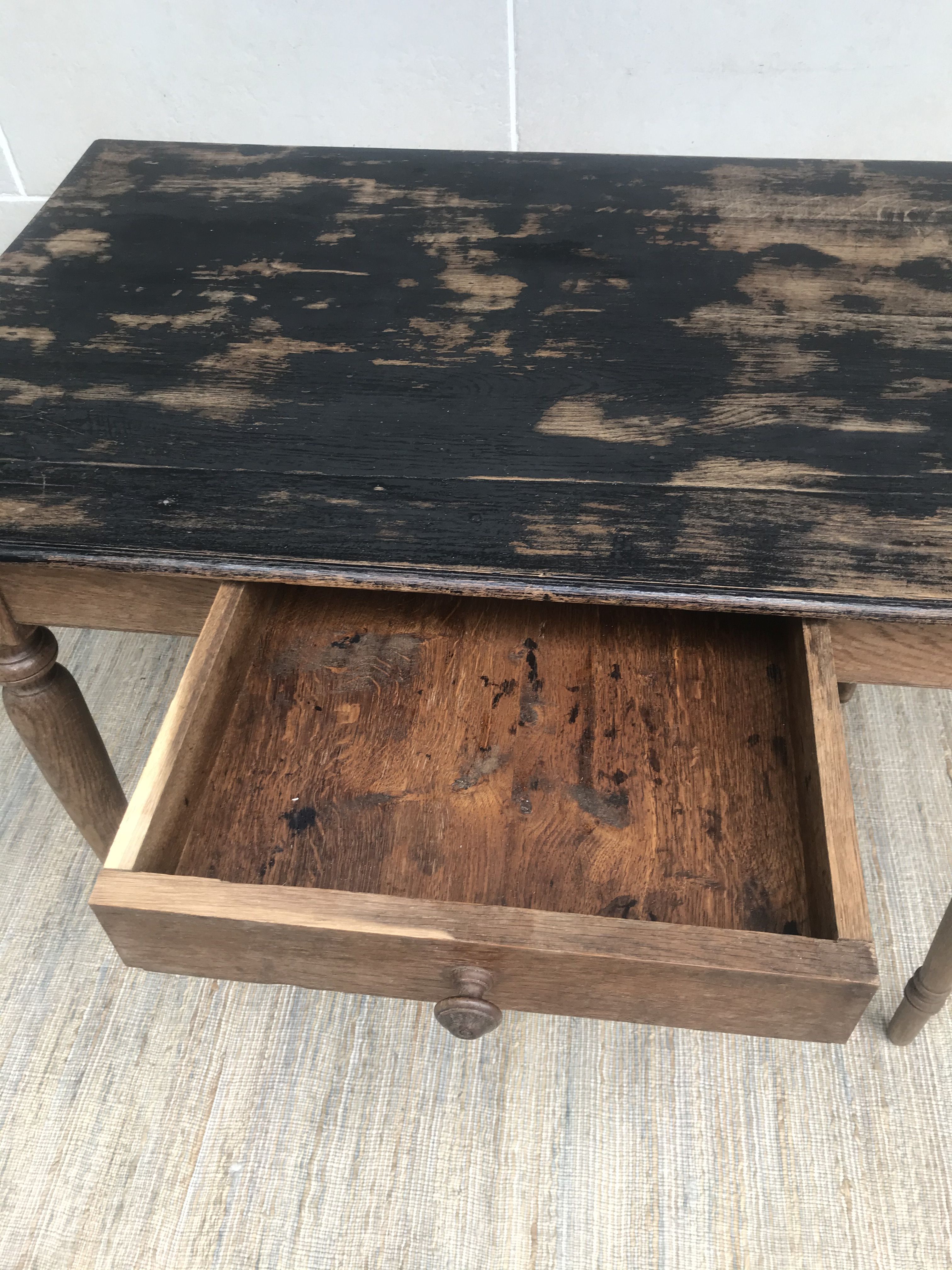 Old farmhouse table desk 1 drawer solid wood patinated black top
