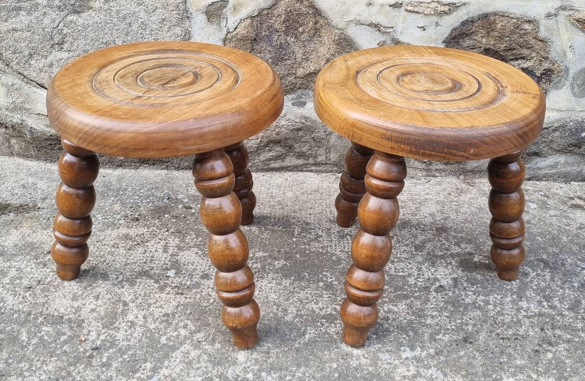 Set of rustic chairs and stools in carved oak, vintage, 1950s.