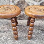 Set of rustic chairs and stools in carved oak, vintage, 1950s.
