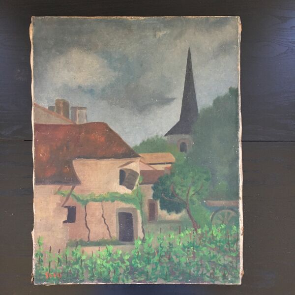 Tableau ancien la maison du village et son jardin