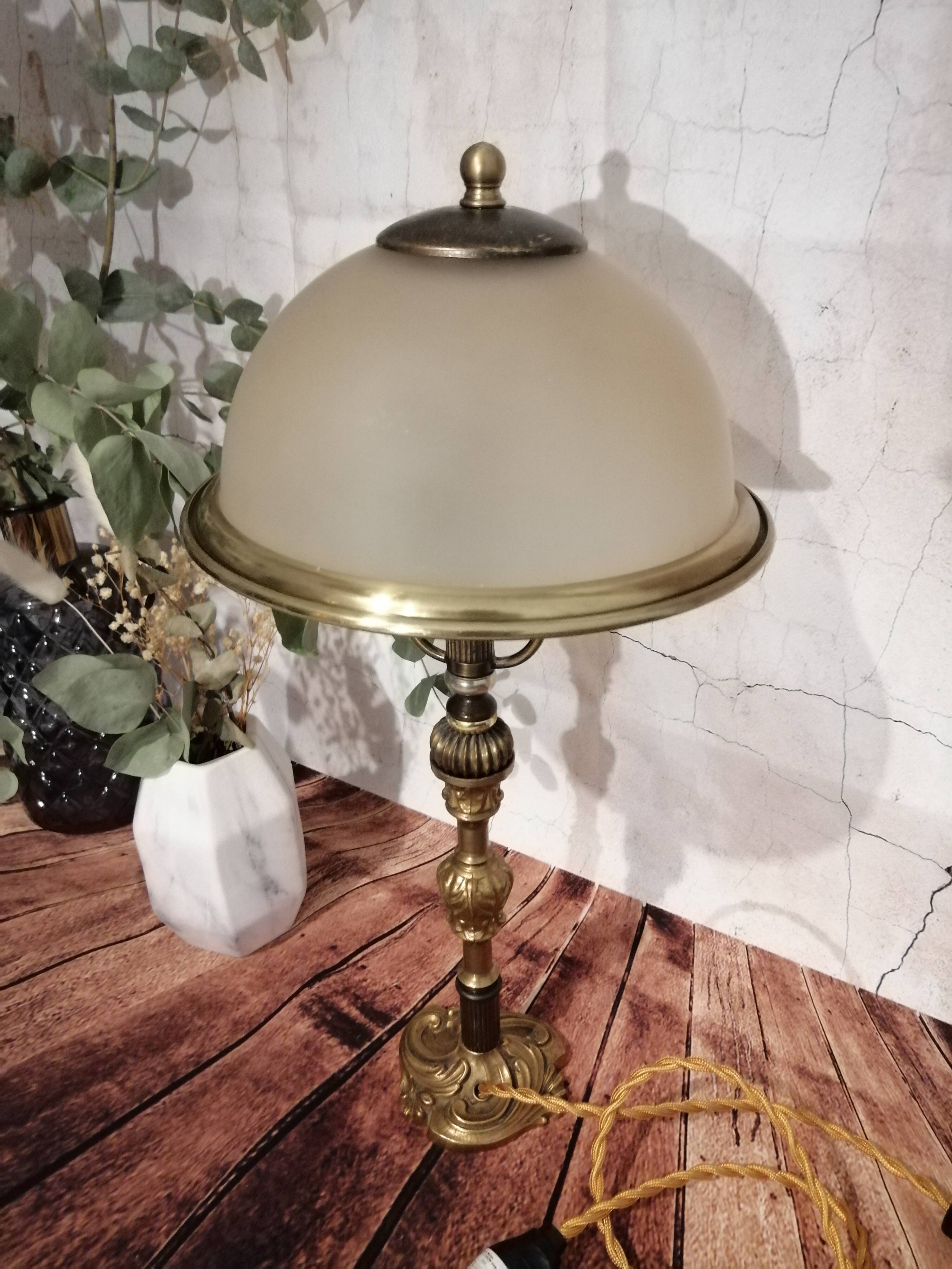 Lampe champignon ancienne en verre et laiton