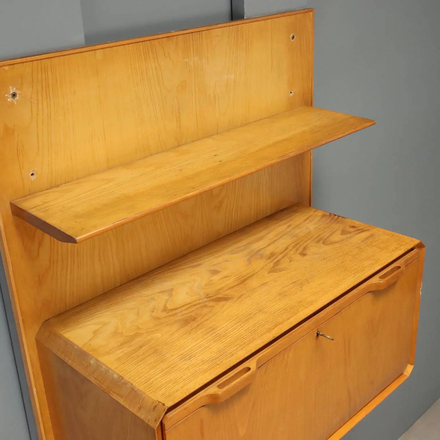 Vintage maple cabinet with drop-down front, Italian design, 1960s.