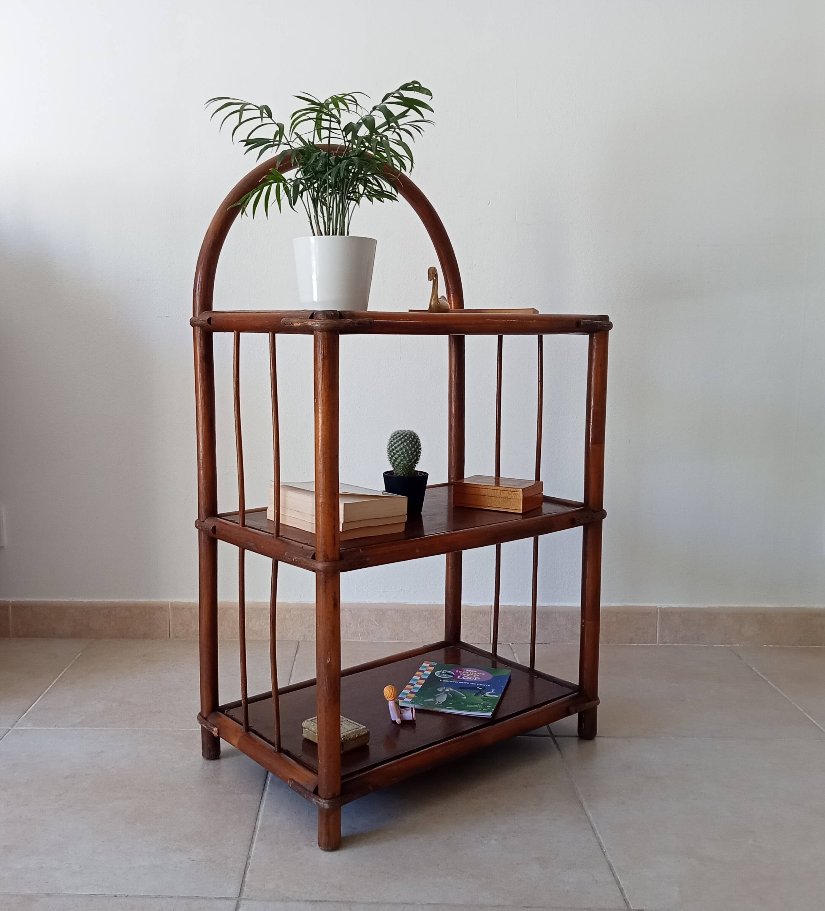 Vintage bamboo and rattan standing shelf