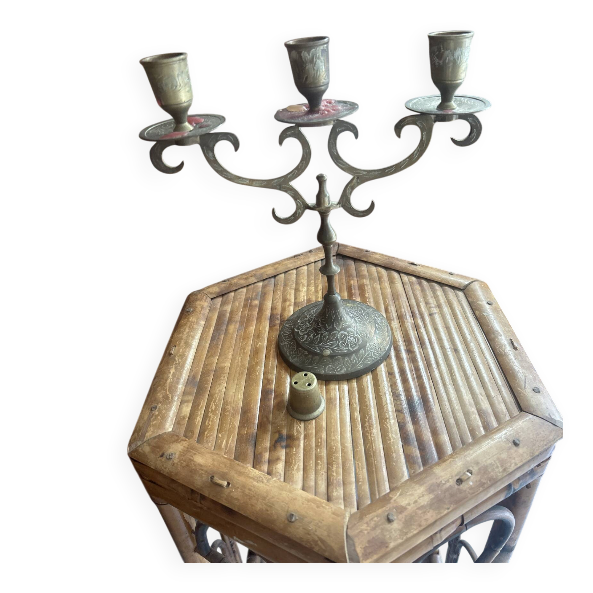 Vintage brass candelabrum engraved with three lights and a snuffer.