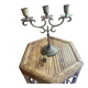 Vintage brass candelabrum engraved with three lights and a snuffer.