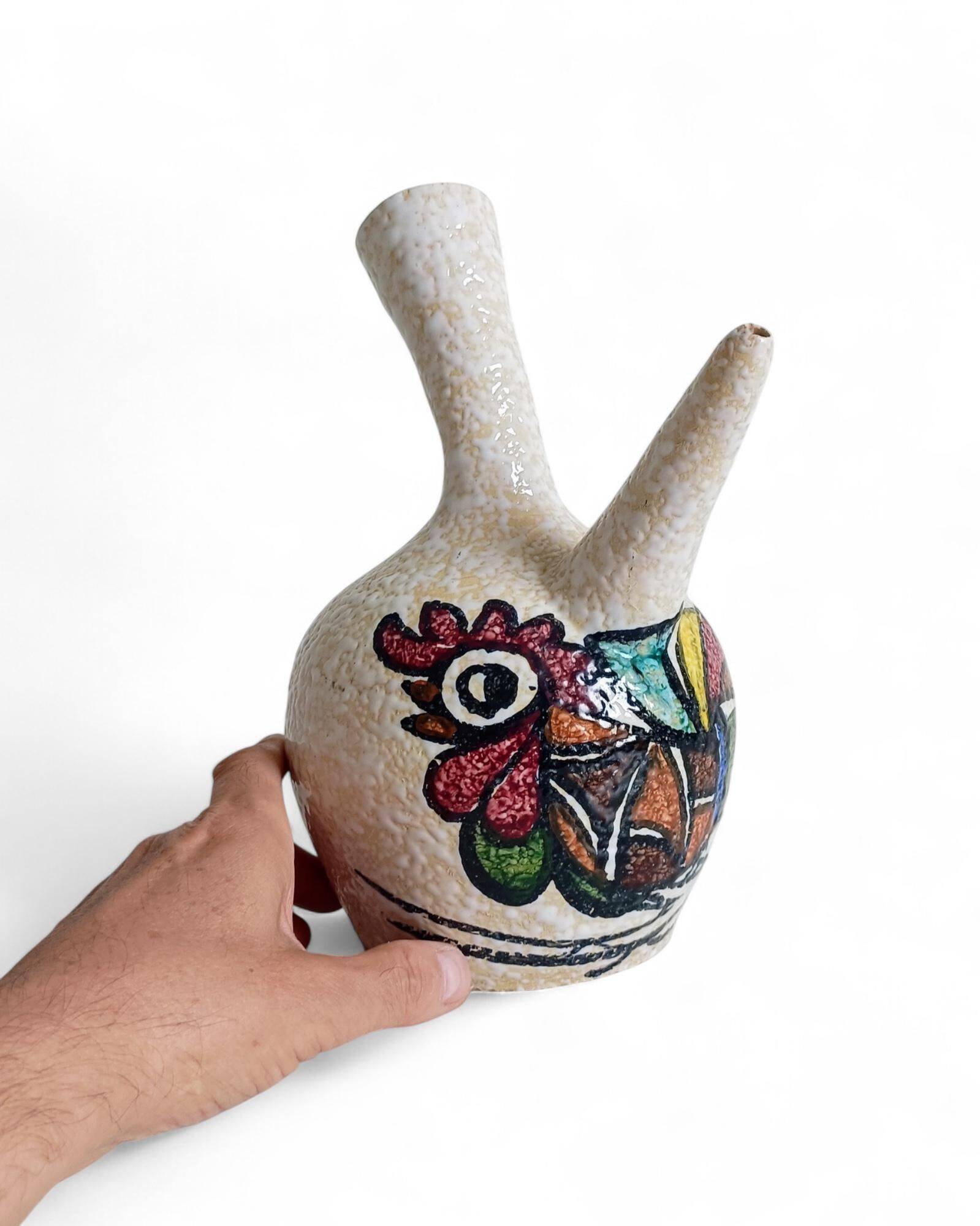Vintage Spanish Ceramic Porrón, Hand-Painted Rooster, 1960s