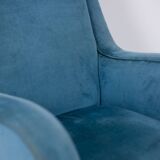 Blue velvet armchair, beech base. 1950s.